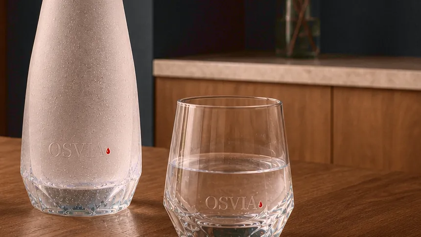 Un verre d'eau gravé OSVIA servi sur la table en noyer, dans la lumière du matin