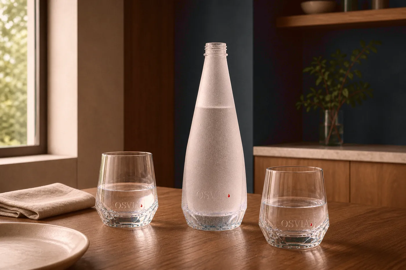La bouteille OSVIA sablée et deux verres d'eau servis sur la table en noyer, à midi